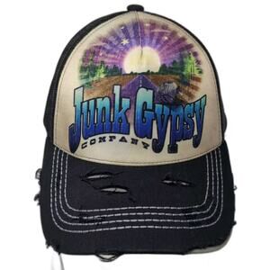 Junk Gypsy Distressed Trucker Hat Black Beige Graphic Mesh Snapback OSFM